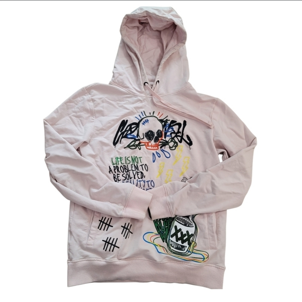 Offbeat Embroidered Graphic Pink Hoodie for Men - Picture 2 of 13